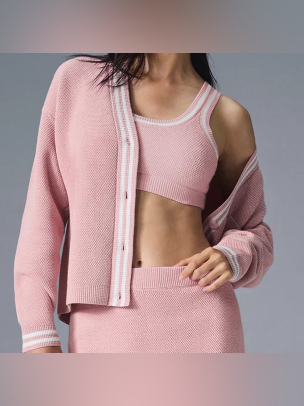 NWT Alo Yoga Tennis Club Sweater Knit Cardigan Ballet Pink/White XS